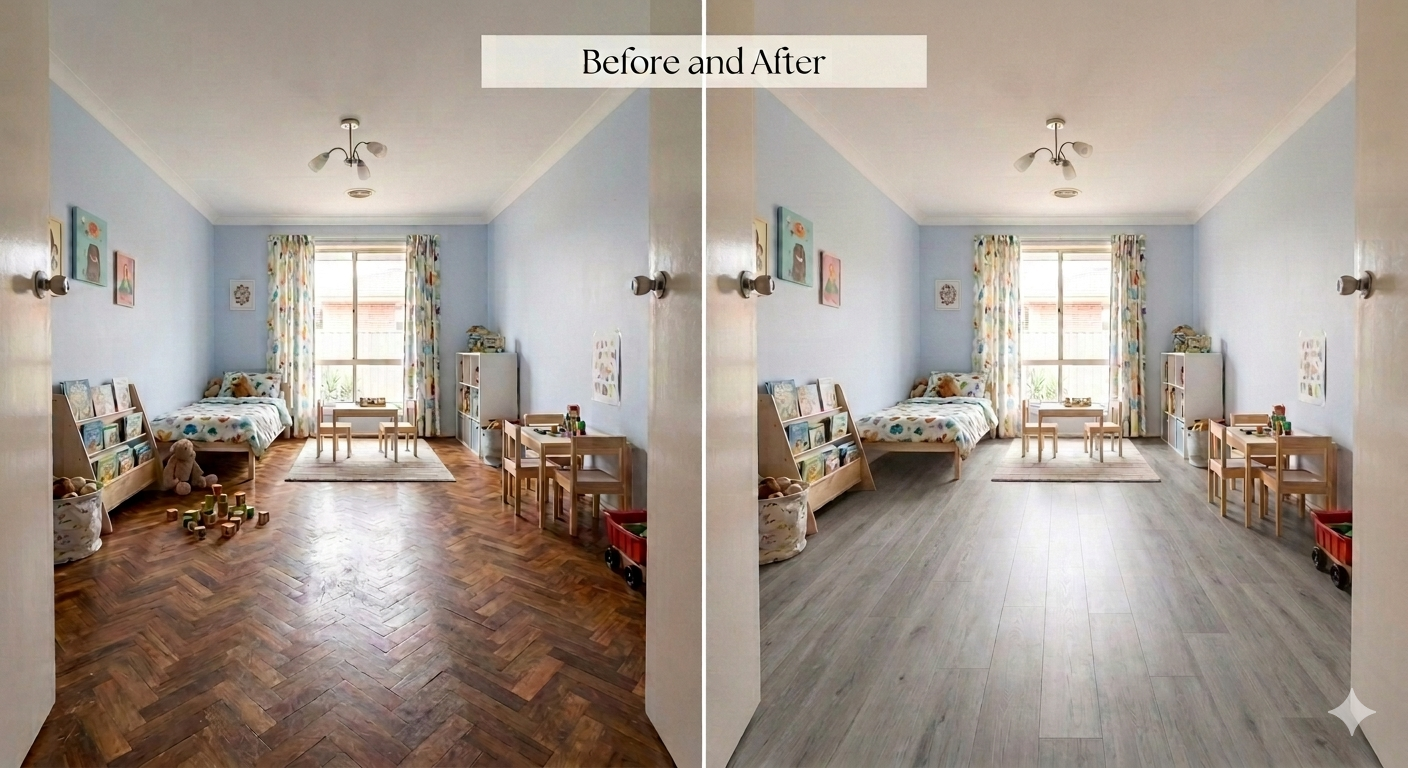 Before and after — old parquet replaced with modern grey laminate in kids bedroom