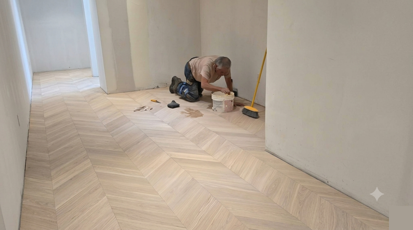 Silverio finishing a chevron hardwood floor installation
