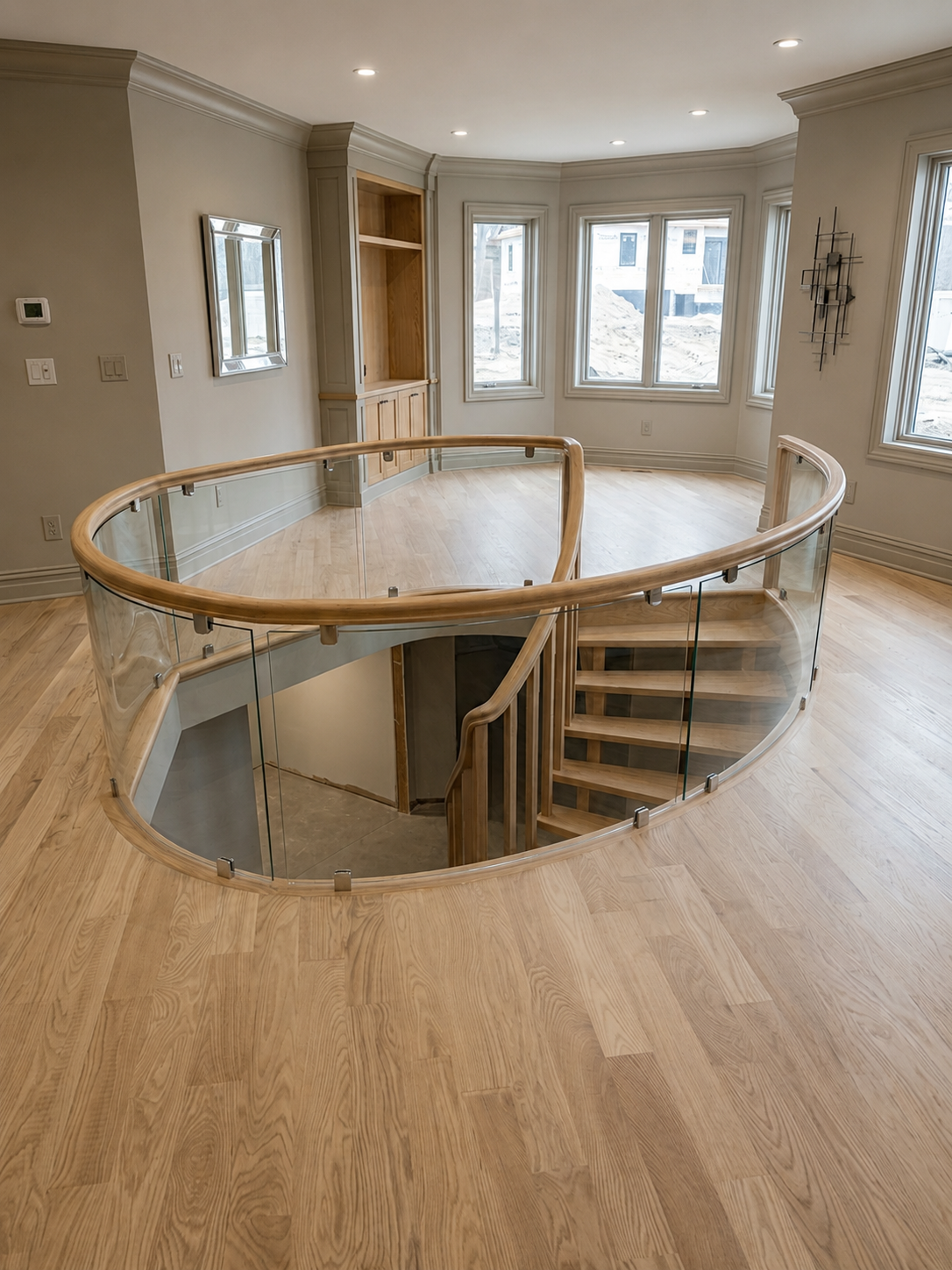 Custom hardwood with curved spiral staircase