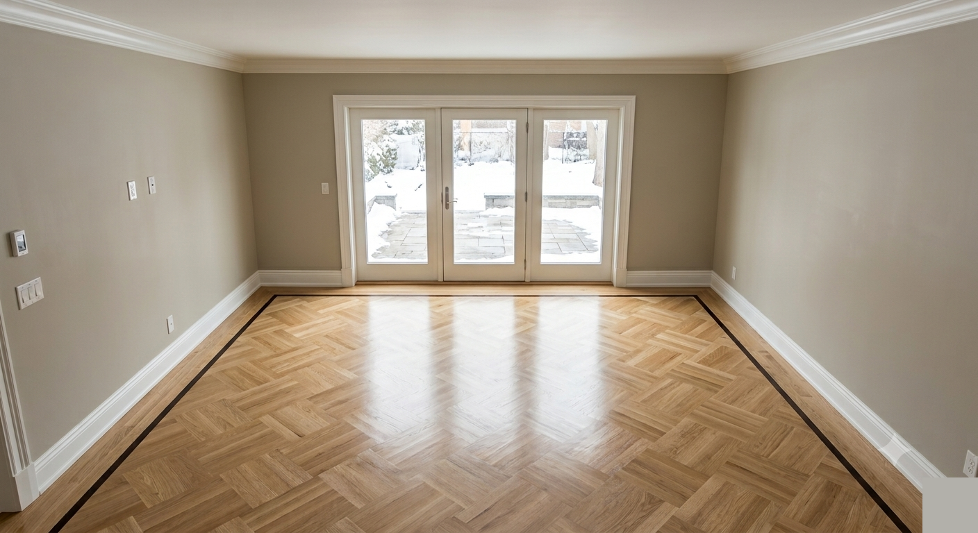 Oak chevron floor with border inlay